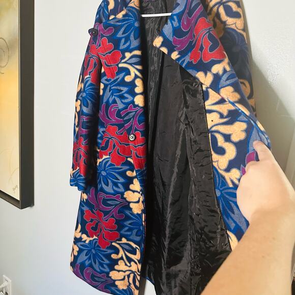 Vintage YaZhuang Floral Blue Tan Red Front Pocket Blazer Long Jacket Size Large - Picture 14 of 14